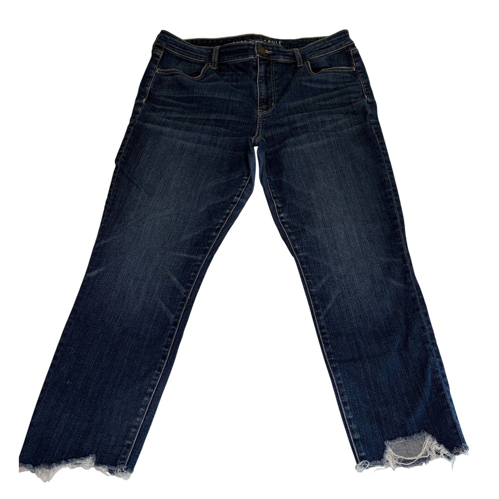 American Eagle Hi-Rise Jegging Crop Jeans Dark Wash Raw Hem Stretch Size 16